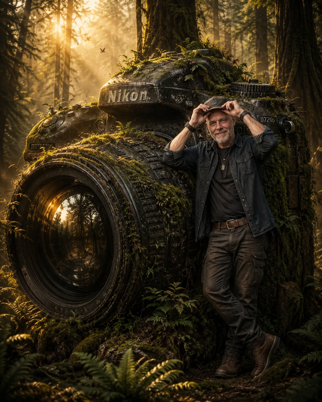 A man standing next to a gigantic camera covered in moss