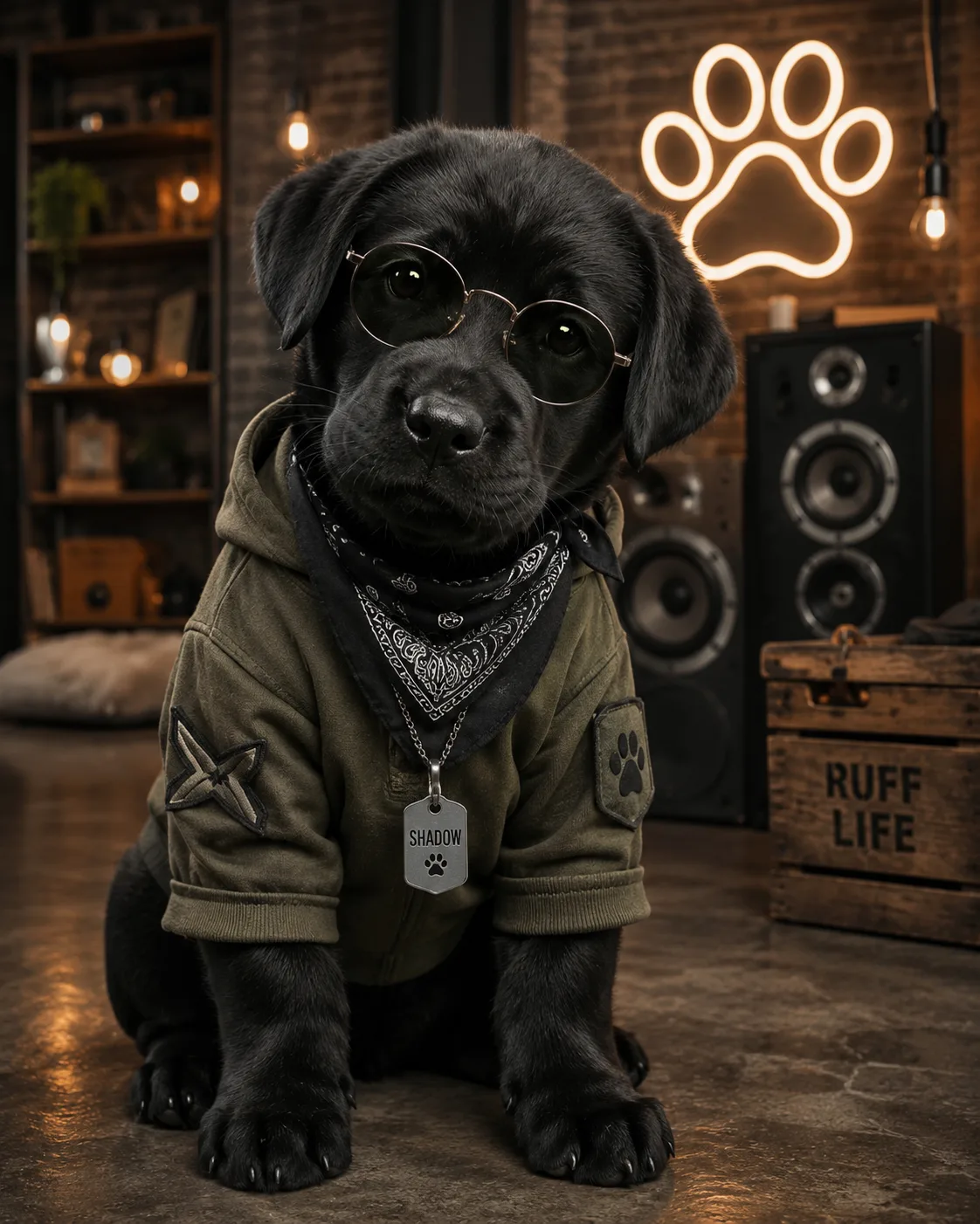 A black Labrador puppy dressed up with shades on.