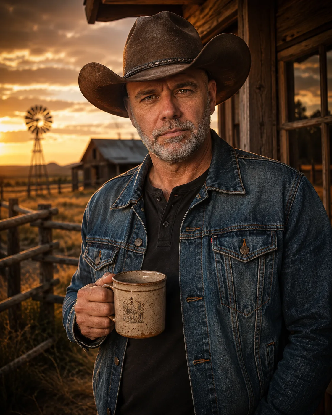 A man having coffee on a ranch