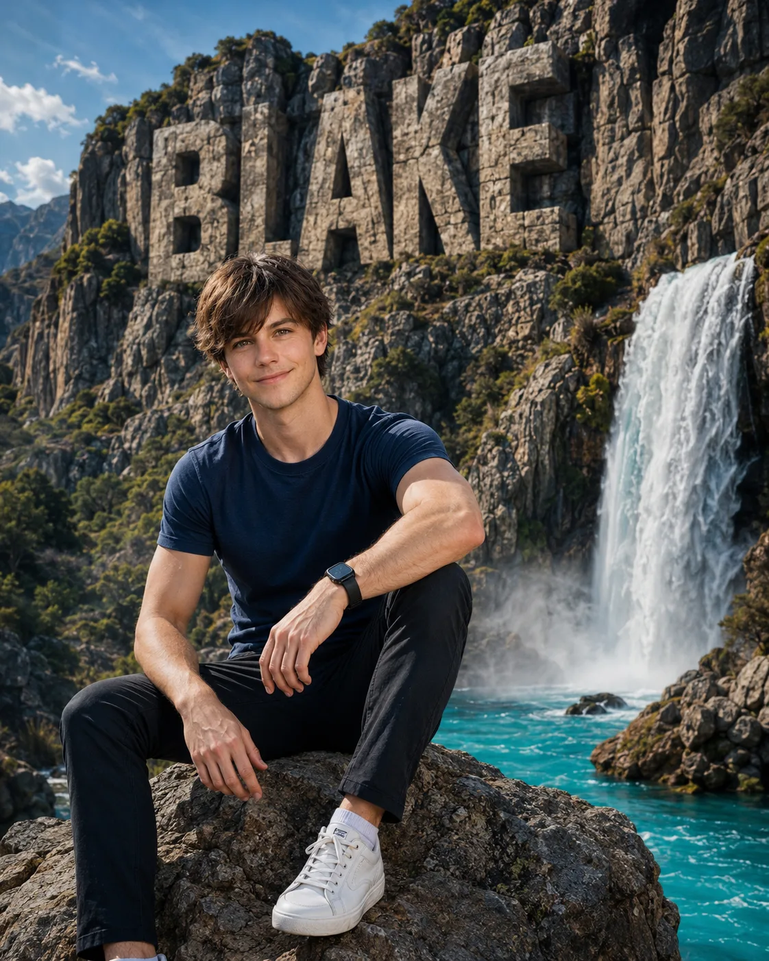 Man sitting on walk next to a waterfall with his name engraved in a mountain