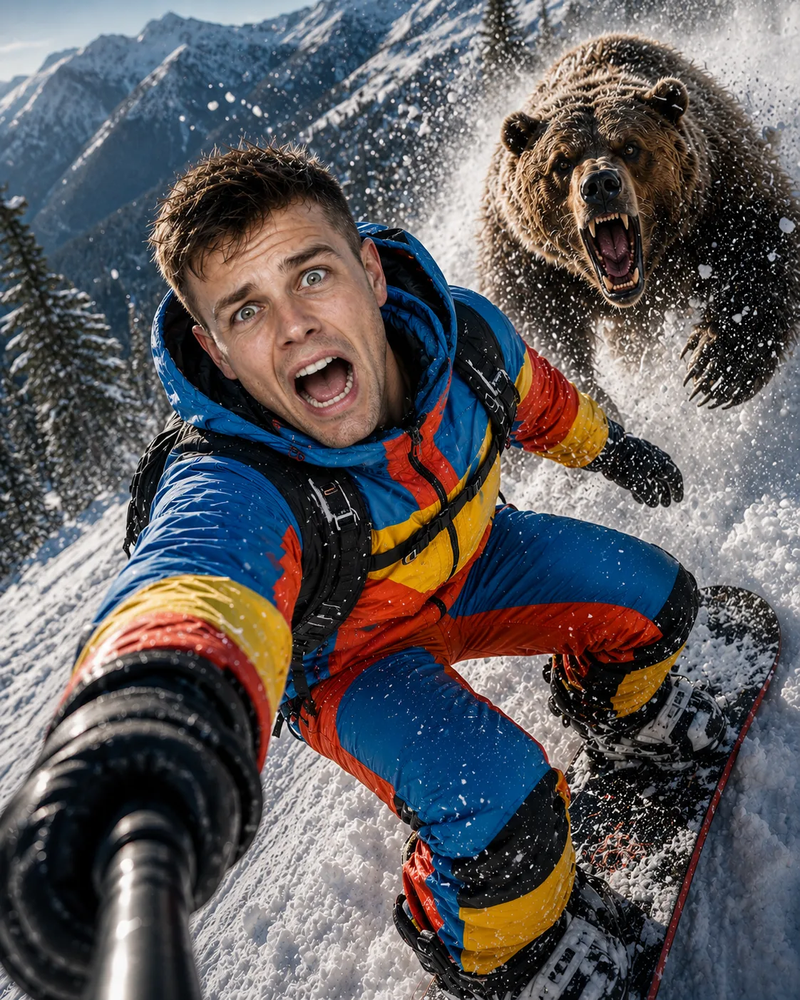 The snowboarder being chased by a bear