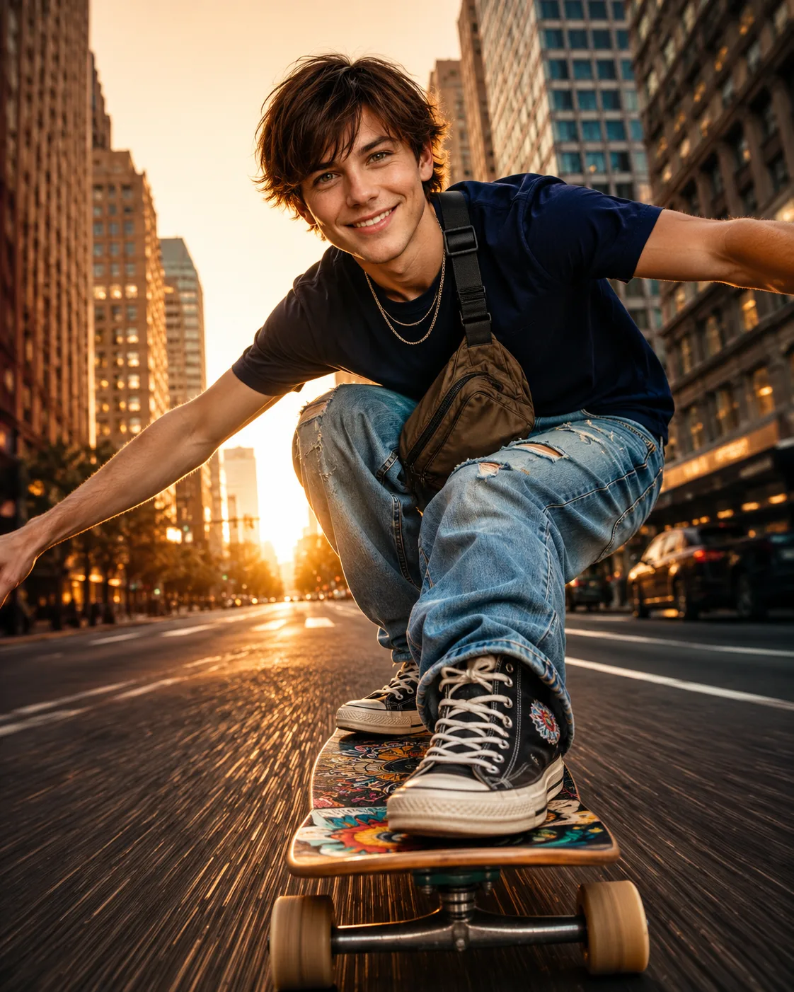 A skateboarder flying down the city street